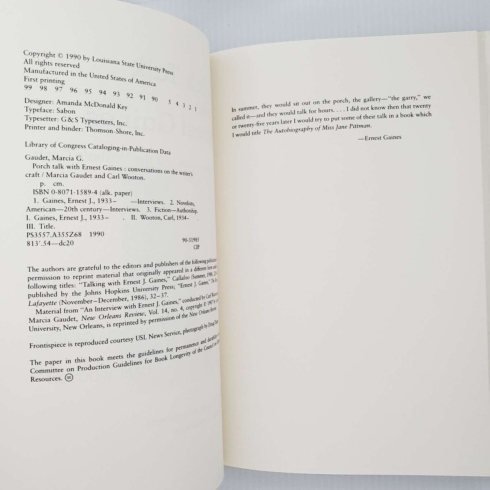 Porch Talk with Ernest Gaines Writer's Craft Book By Gaudet & Wooton