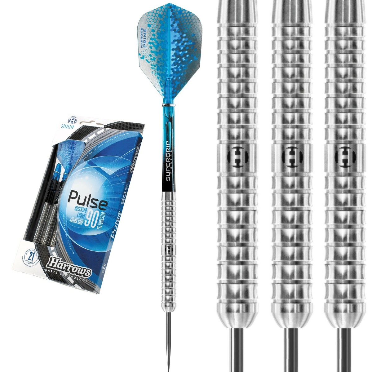 Harrows Pulse 90% wolfraam darts | Steel Tip Dartsset met draagtas | 21g, 22g, 23g, 24g, 25g & 26g | Inclusief Supergrip Fusion Shafts en 100 Micron Prime Flights (26G