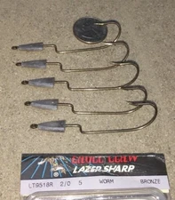 5-pack lot 25 hooks Eagle Claw Lazer Sharp Weighted Worm jig fish Bronze 2/0 