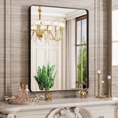 28x36 Inch Black Rounded Rectangle Bathroom Mirror, Anti-Rust, Wall Mounted
