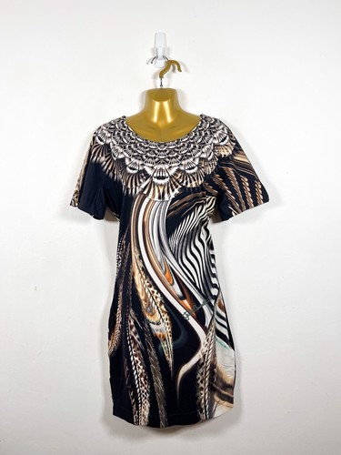 Just Cavalli Dress Size 44 UK 12 Bodycon Tribal Boho Mini Feather Print