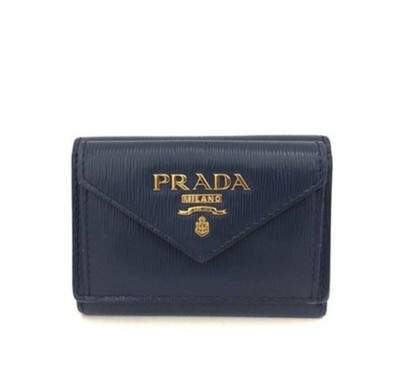 Prada Navy Blue Vitello Move Leather Envelope Trifold Compact Wallet Women's