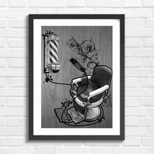 Retro Barber Chair And Pole Black & White Framed Wall Art Print Large Picture