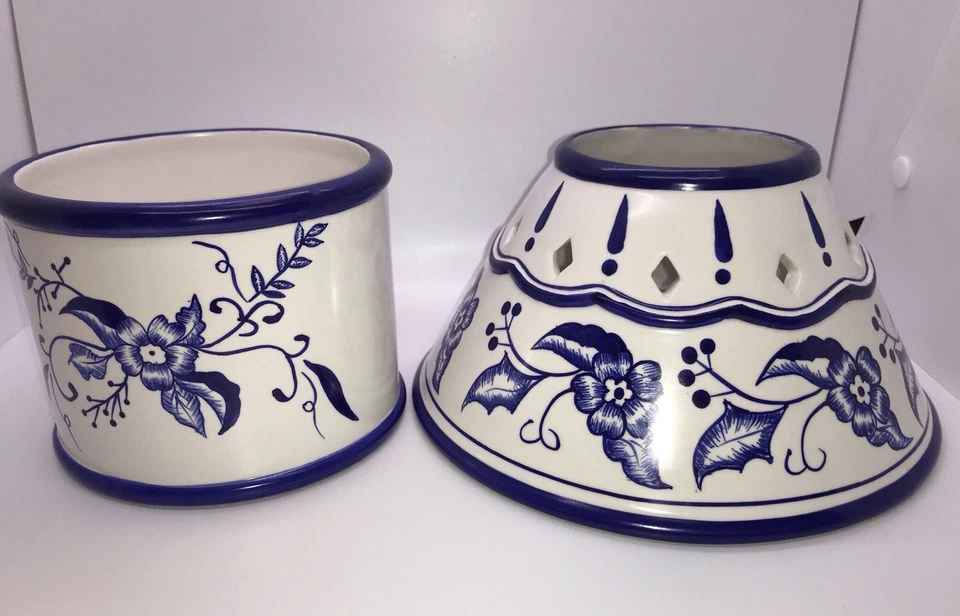 Lámpara de vela de cerámica Warm Touches Blue Toile Cottagecore Shabby Chic granja  Foto 2 de 4