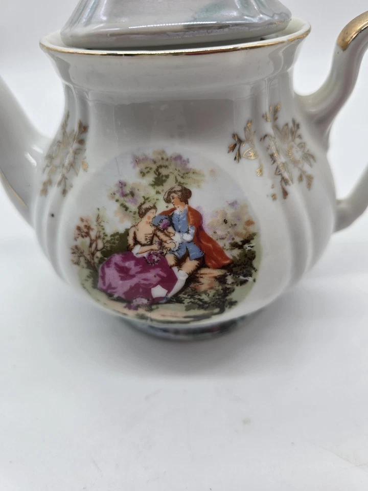 Vintage Lusterware Porcelain Teapot with Lid Gold Gilt Courting Couple Decor - Image 2 of 4