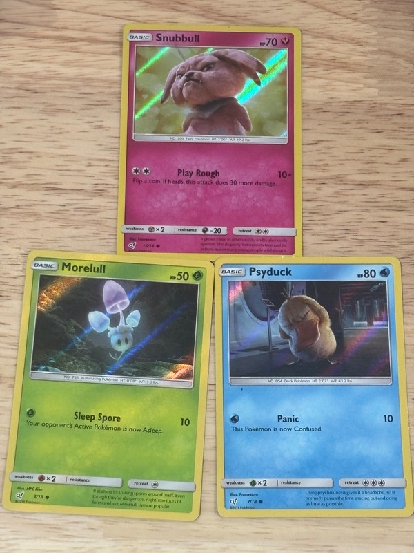 Pokemon Detective Pikachu Holo Lot Psyduck 7/18 Snubull 15/18 Morelull 3/18