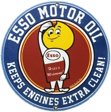 VINTAGE ESSO GASOLINE PORCELAIN SIGN HAPPY MOTORING GAS OIL PUMP PLATE