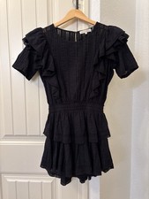 LoveShackFancy Black Cotton Ruffle Romper Short Sleeve Crew Neck Size S