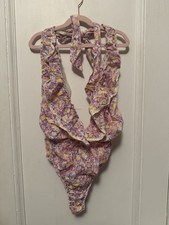 LoveShackFancy Peony bodysuit Floral Ruffle Deep V Neck  Sz L/XL Sample Sale