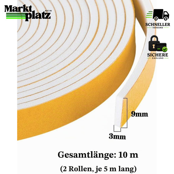 Dichtungsband Selbstklebend 9Mm X 3Mm 10M Fenster TüRdichtung Schaumstoff Weiß-image