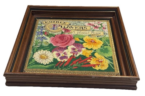 "EDIBLE FLOWERS: A Visual Feast” Bright Floral Cross-stitch Wood Framed 16x16” - Picture 9 of 18