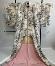 Vintage Japanese Kimono Floral Elegant Traditional Long Robe Pink Hem from Japan