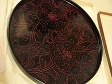 Echizen lacquerware tray Round tray Woodwork Peony carving Made in Japan