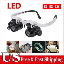 2 LED 8X 15X 23X Adjustable Lens Jewelry Watch Repair Magnifier Head Eye Loupe.
