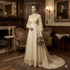 Vtg ILGWU Wedding Dress 8 Ivory Lace Edwardian Victorian Train Bridal Gown 70s