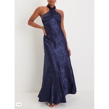 NWT LULUS Classy Personality Navy Satin Jacquard Halter Maxi Dress Size Medium