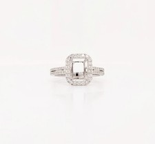 925 Sterling Silver Emerald Cut Semi Mount Ring Double Halo CZ Engagement Ring
