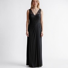 Lauren Ralph Lauren Evening Gown 10 Black Lace Bodice Ruched Maxi Dress