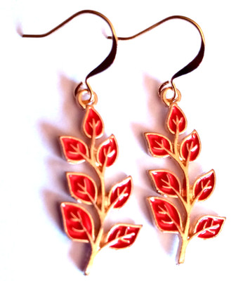 Rust Red Fall Leaf Branch Enamel Leaves Earrings