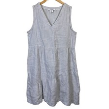 Lucky Brand Womens Dress Small 100% Linen Blue White Striped V Neck Beachy