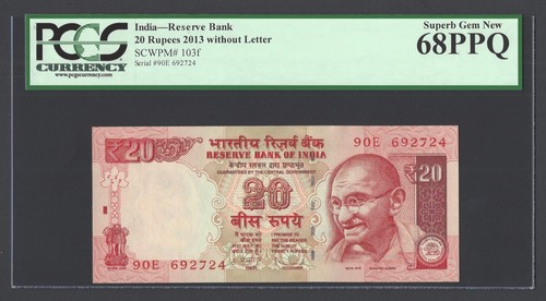 India 20 Rupees 2013 P103f Without Letter Uncirculated Graded 68