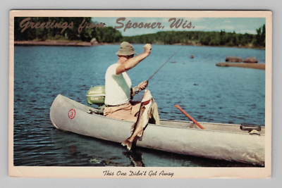 #ad #ad Man Fishing Canoe Spooner Wisconsin WI Scenic Lake View Humor 1964 Postcard $9.95