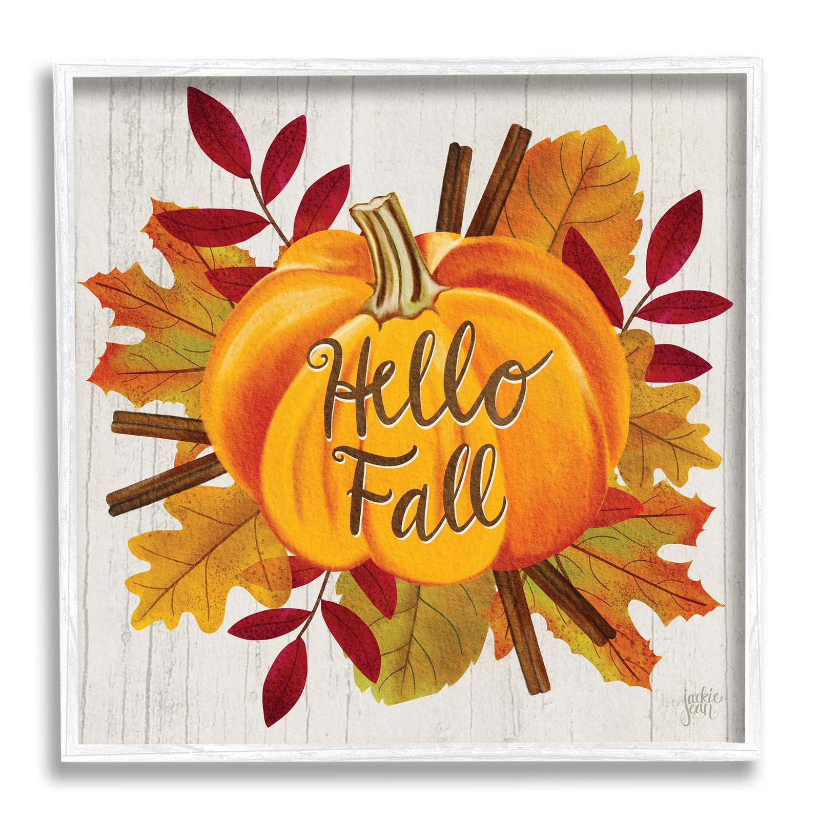 Hello Fall Sentiment Orange Pumpkin Autumn Tree Leaves Wall Art, 17 x 17, Whi...