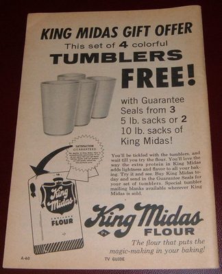 1961 KING MIDAS FLOUR GIFT OFFER~4 TUMBLERS~PUT THE MAGIC MAKING IN YOUR BAKING