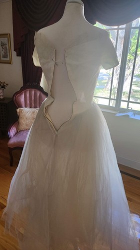 Vtg 50s Wedding Dress XS/S White Sweetheart Shelf Bust Tulle Short Sleeve Flare - Picture 4 of 11