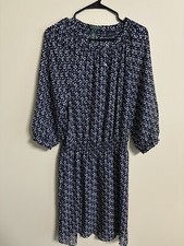 Lauren Ralph Lauren Sheer Print Smocked Waist Dress Navy White Size 12