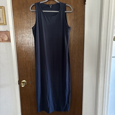 eileen fisher sleeveless navy blue maxi jersey dress size large tencel |  eBay