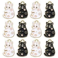 20x Enamel White Black Kitten Cat Charms Pendants for DIY Craft Jewelry Keychain