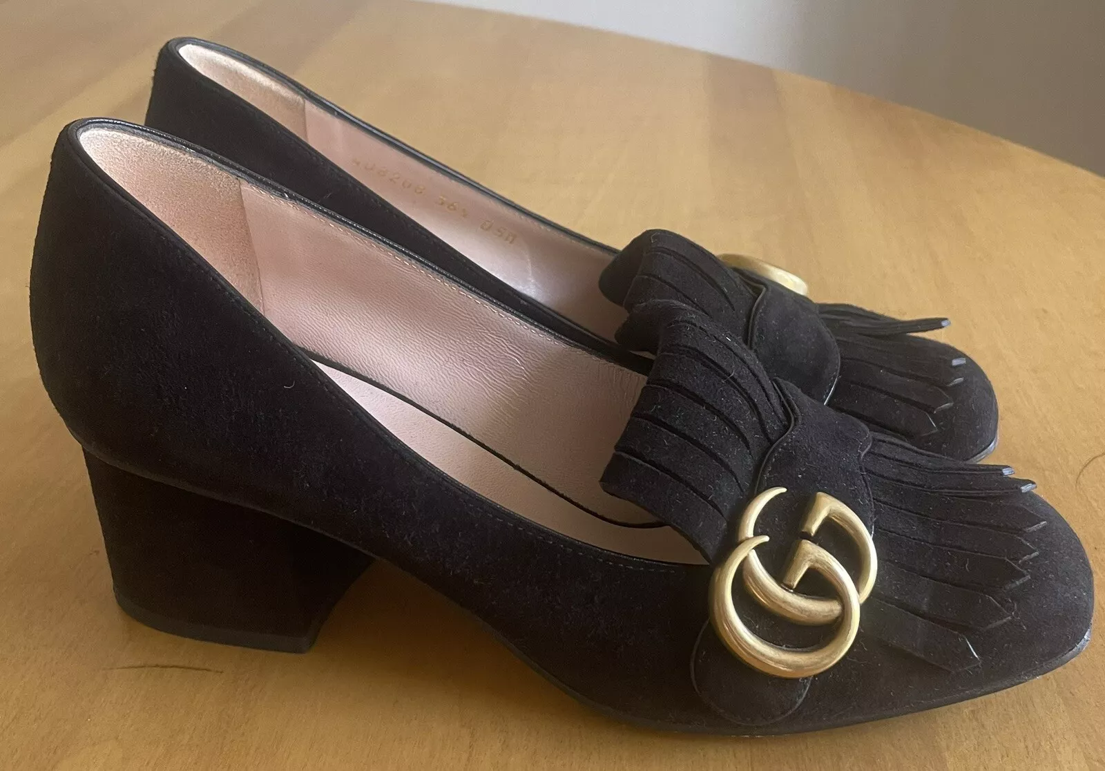 Escarpins franges en cuir daim noir Gucci GG Marmont talons chaussures taille 36,5
