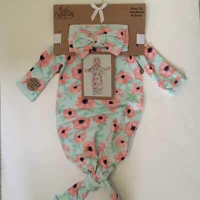 NEW Baby Essentials 0-3M Knotted Infant Gown and Headband Green Floral Gift Set