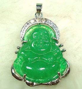 Authentic Genuine Green Jade Buddha Gold Plated Cubic Zirconia Amulet Pendant Necklace