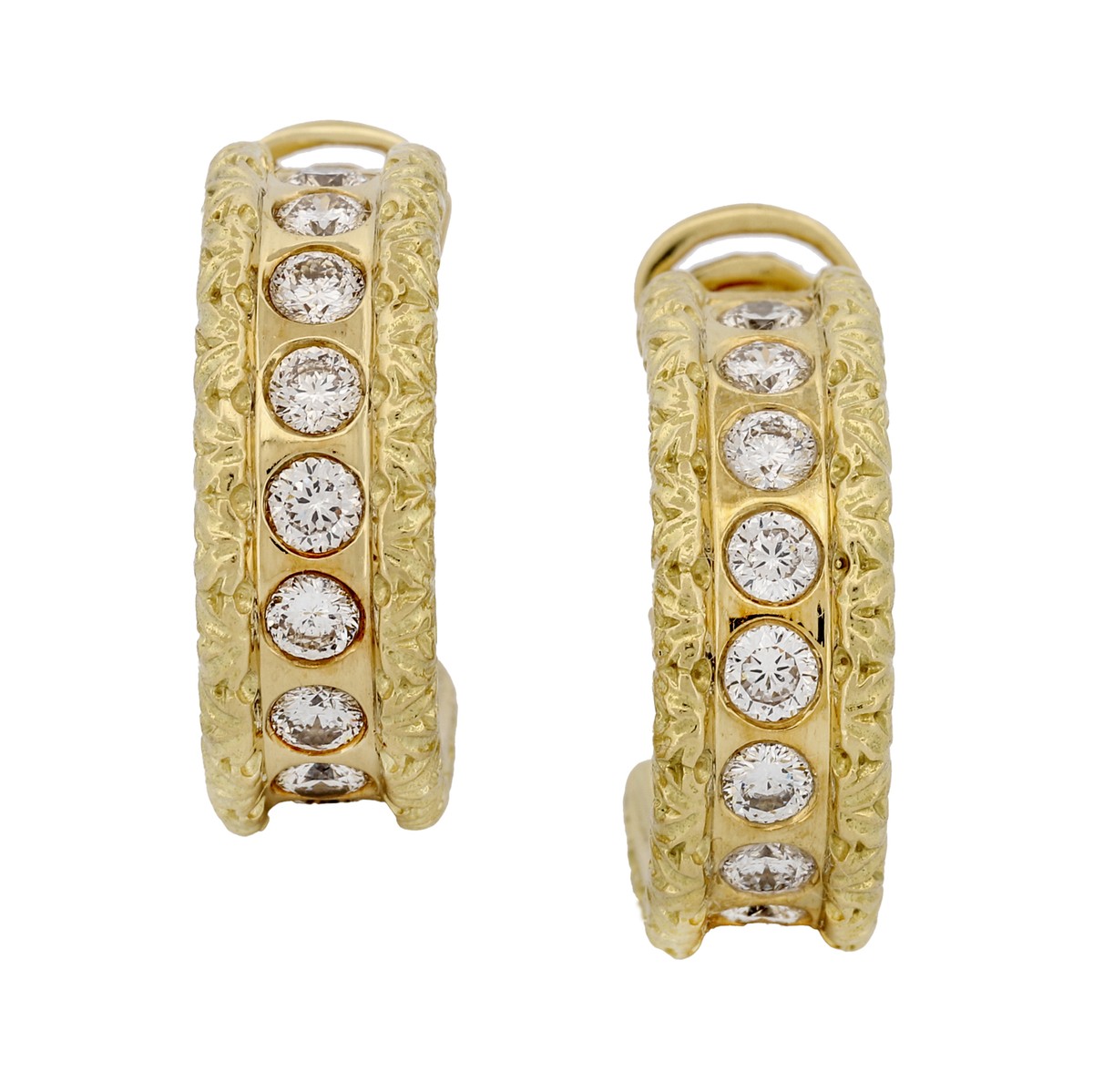 Roberto Coin Diamond Florentine Hoop Earrings in 18k Yellow Gold