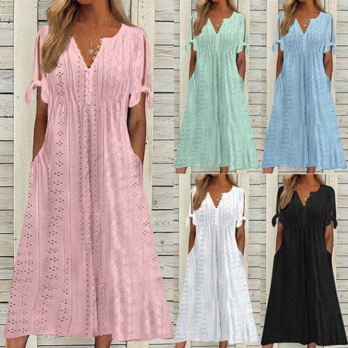 Summer Midi Sundress Dress Beach Boho Dresses Casual Travel A-line Lace V-Neck - Picture 1 of 18