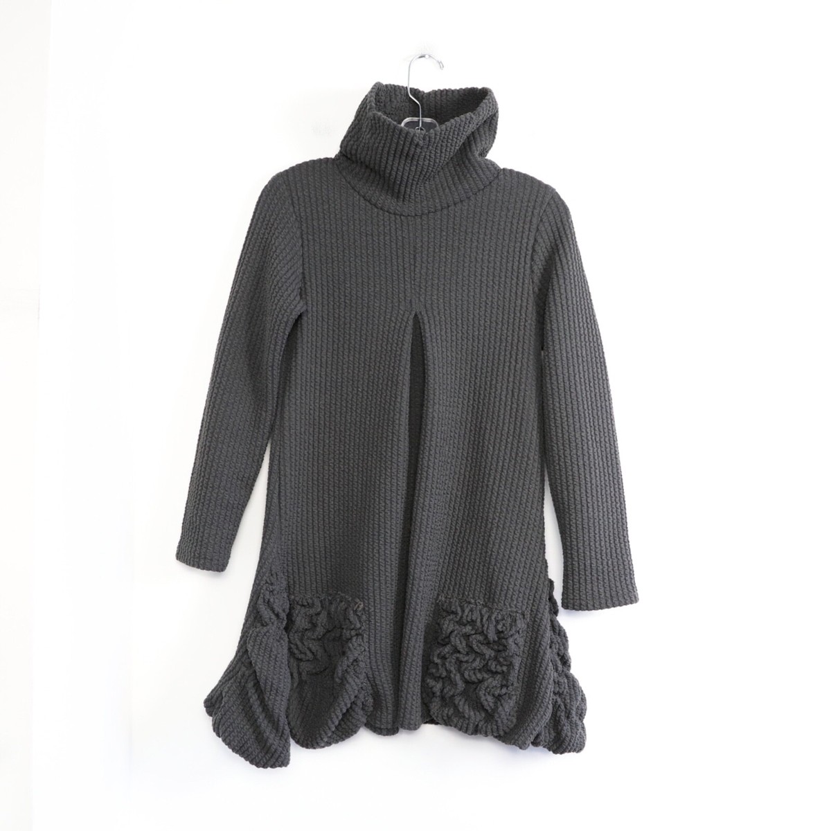 tunic dresses for tall ladies Handmade dress long sleeve asphalt gray unique lagen look ruffle textured ED-039