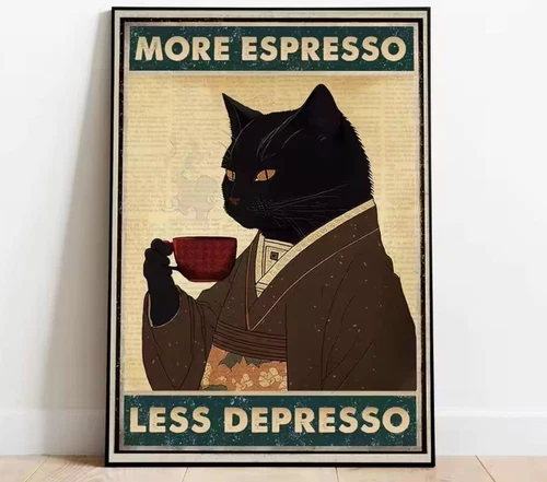 Retro Metal Tin Sign More Espresso Less Depresso Poster Japanese Cat Kitty Neko