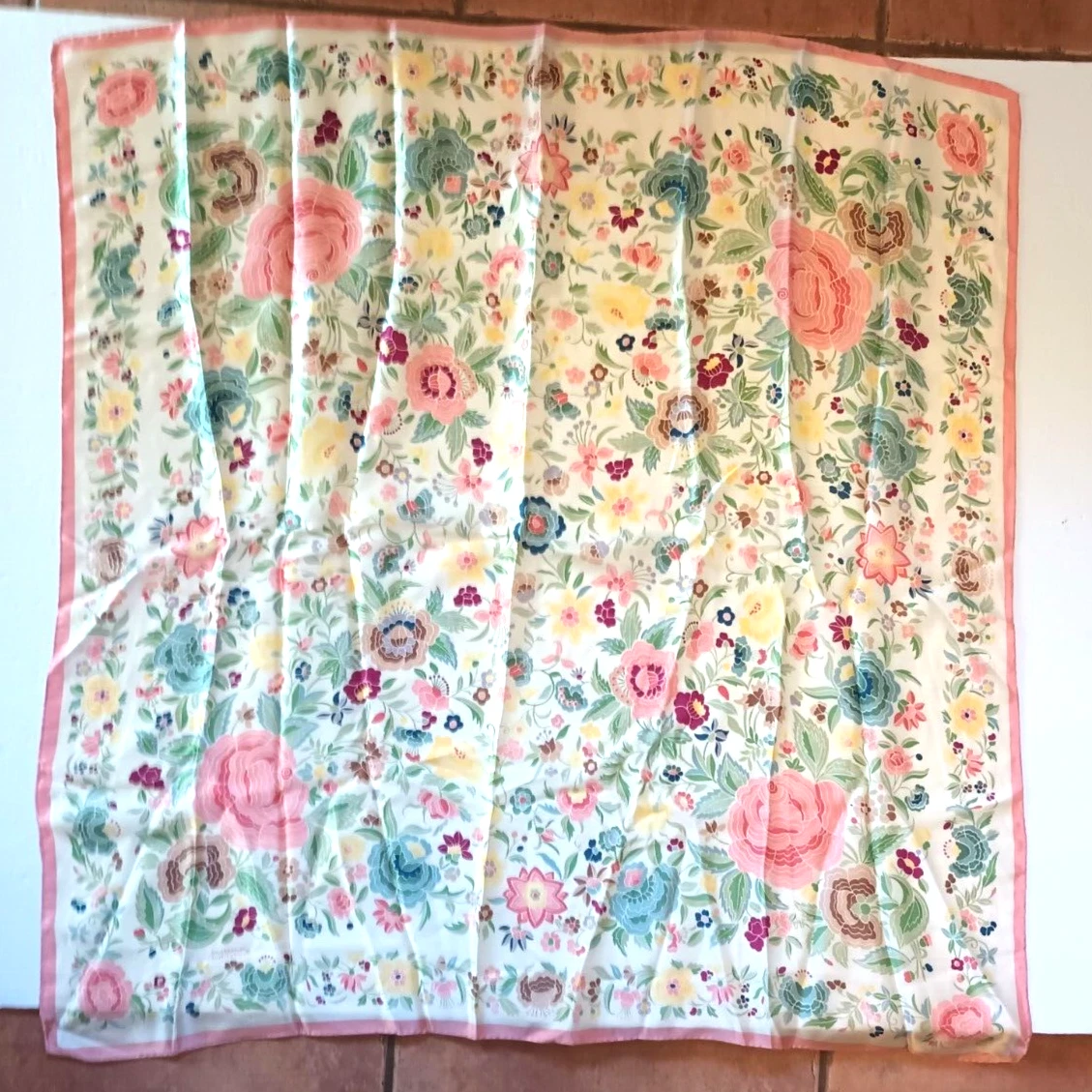 Smithsonian Institution Pink Pastel Floral 100% Silk 31" Square Scarf