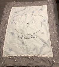 Teddy Bear Moon Stars Infinite Love Baby Blanket Blue  Gray 42x32  Crib Quilt