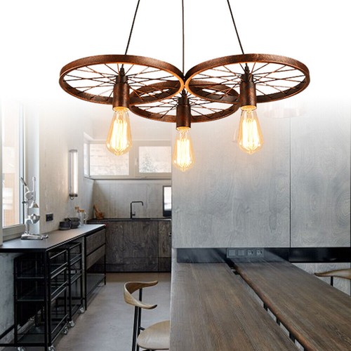 Lampadario industriale sospensione metallo ruota sospensione retrò tubo E27 loft - Foto 10 di 20