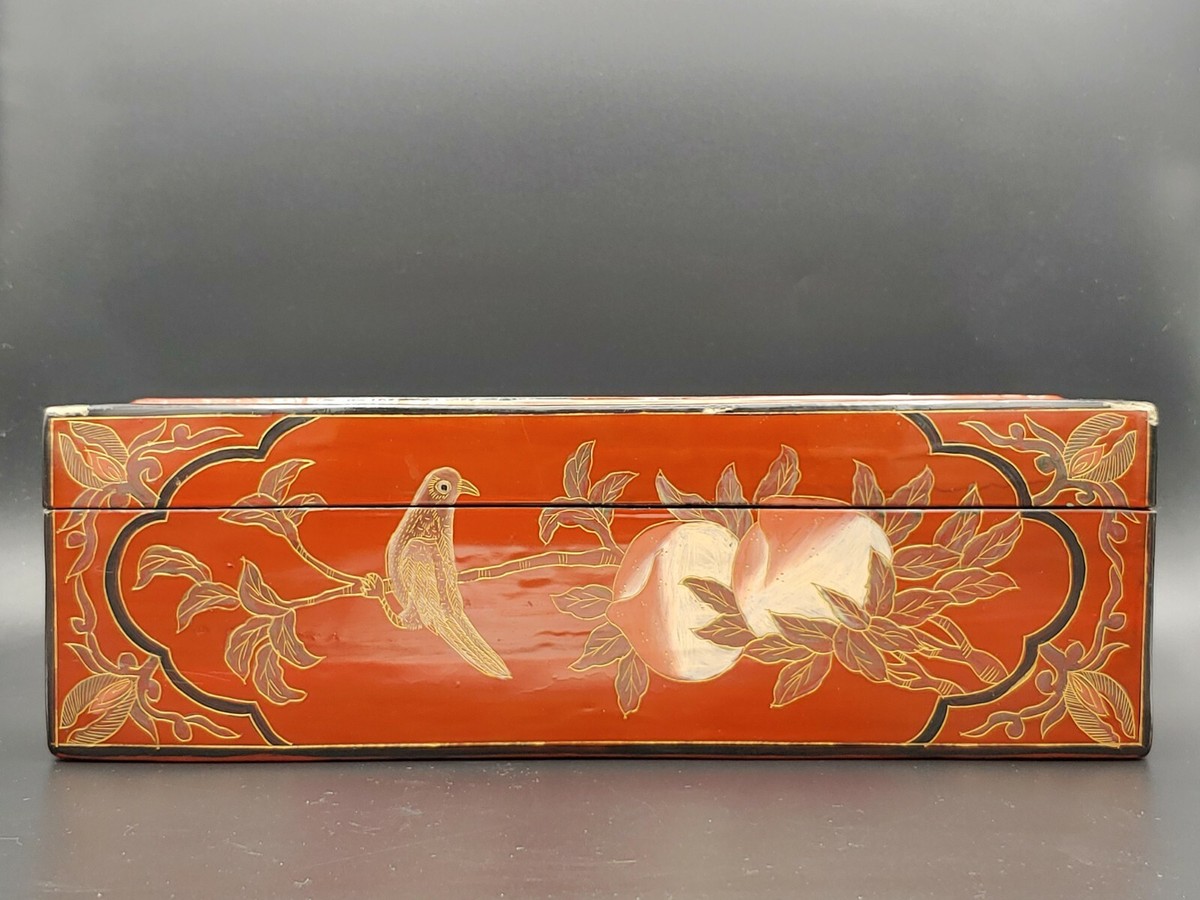描金喜鹊蟠桃戗金漆器嵌雕花枝信匣Antique Chinese Wood Lacquer Art