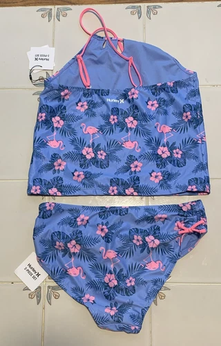全新带标签 Hurley 女孩比基尼 2 件套泳装,尺寸 14 UPF 50+ 粉红色火烈鸟 - 第 2 张/共 10 张