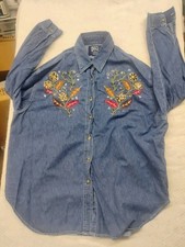 Vintage Quiz Woman Plus 24 Denim Shirt Embroidered Floral Western Cottagecore 