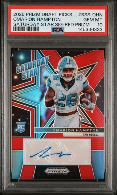 OMARION HAMPTON RC 2025 PANINI PRIZM DRAFT RED ROOKIE AUTO SP /399 PSA 10