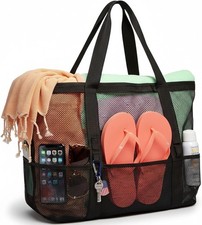 Mesh Beach Bag Family Large Tote Bag 9 Pockets Swim Pool Toys Cruise Beach