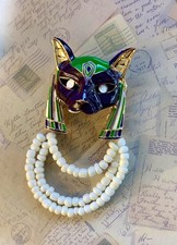 Egyptian Bastet Cat Enamel Statement Brooch White Beaded Fringe Golden Accessory
