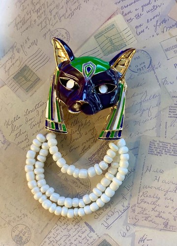 Egyptian Bastet Cat Enamel Statement Brooch White Beaded Fringe Golden Accessory