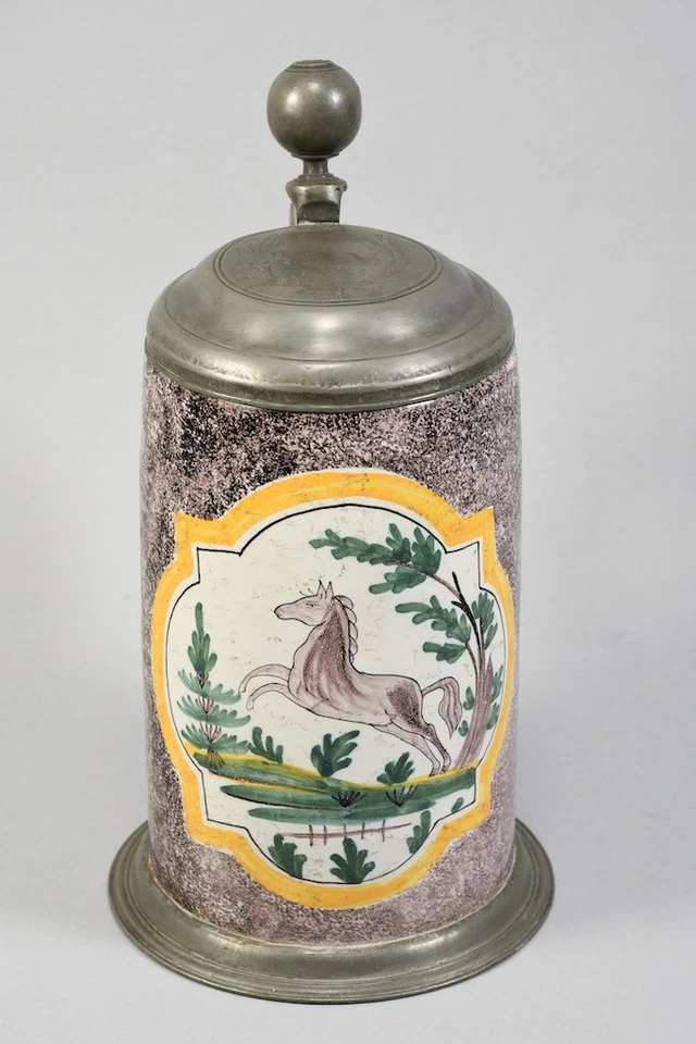 N92Y07- Barock Fayence Bierkrug Humpen mit Zinndeckel dat. 1766